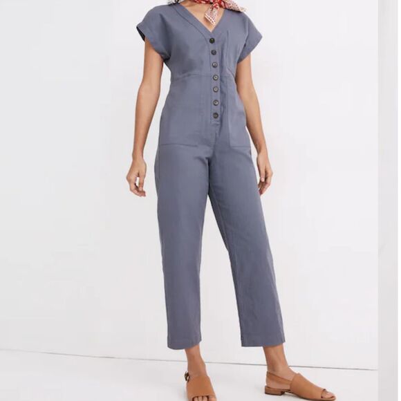 NWT Madewell Cap Sleeve Jumpsuit Utility Workwear Button Ft Straight Leg Blue S - Picture 1 of 16